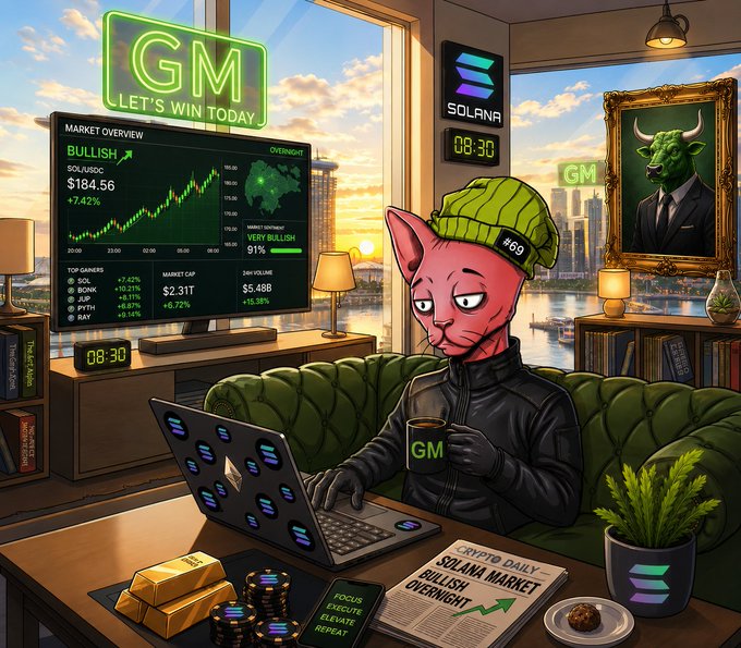 A relaxed pink cat wearing a green "#69" beanie sits on a green couch holding a "GM" mug and laptop, with a Solana ($184.56, +7.42%) "VERY BULLISH OVERNIGHT" market monitor and a bull-headed boss portrait in the background—capturing the "Sunday mode relaxed. La peace" vibe of a chill crypto morning.