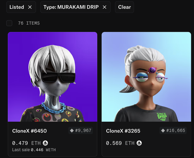 The screenshot displays a filtered view of 76 Murakami Drip CloneX listings, highlighting CloneX #6450 (0.479 ETH) and CloneX #3265 (0.569 ETH) with their sale histories, underscoring the collection’s current market stability.