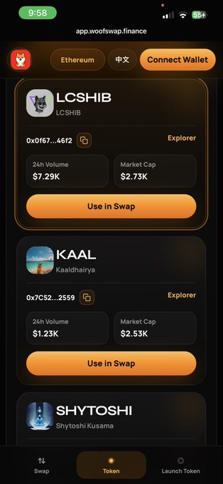 The image shows a mobile screenshot of the WoofSwap finance app displaying meme token listings, with "LCSHIB" (CA 0x0f67...46f2) prominently featured on Ethereum with $7.29K volume, alongside "KAAL" and "SHYTOSHI" tokens. This directly illustrates the post's warning: a different "LC" token (LCSHIB) is being shared on the Ethereum network, while the post's author clarifies the only official $LC token is on Solana, urging users to verify the contract address to avoid imposters.