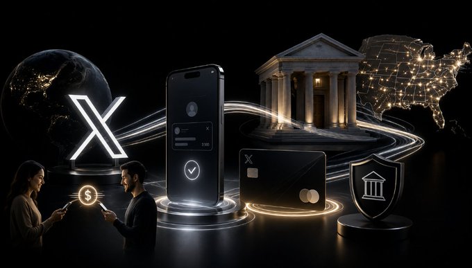 Digital illustration depicting X (formerly Twitter) and cryptocurrency concepts, showing two people exchanging a coin near a smartphone, with a classical bank building and a network-style US map in the background.