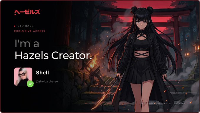 A digital profile banner for 'Hazels Creator' featuring an anime-style character in a black gothic outfit against a red torii gate background, with the username 'Shell (@shell_is_heree)'.