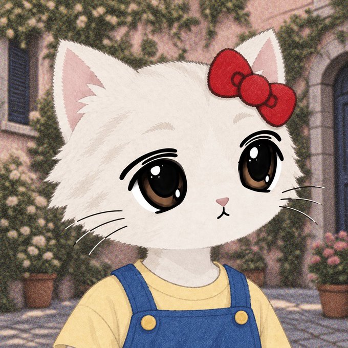 A digital illustration of an anthropomorphic white cat with large brown eyes and a red bow on its head, wearing yellow and blue overalls against a textured stone wall background.