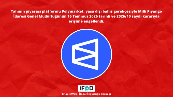 The image displays a Turkish announcement stating that the prediction market platform Polymarket has been blocked from access by Turkey's National Lottery Administration (Milli Piyango İdaresi Genel Müdürlüğü) due to illegal betting, per their July 16, 2026 decision numbered 2026/10, with the logo of EngelliWeb (Internet Freedom Association) at the bottom.