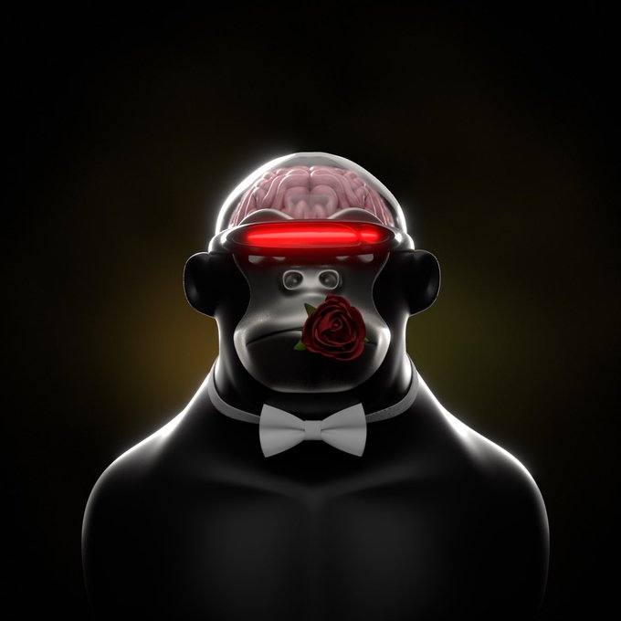 A 3D-rendered gorilla figure wearing a white bowtie with an exposed brain under a transparent dome, red glowing visor, and a red rose in its mouth, set against a dark background.
