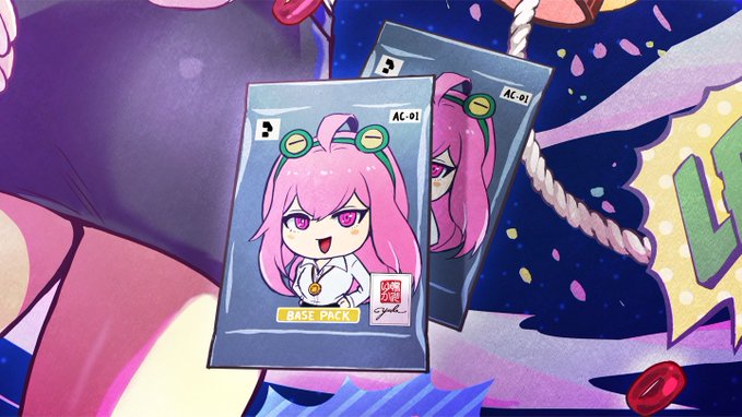 Two anime-style trading card packs featuring a pink-haired character with green goggles, labeled 'AC-01' and 'BASE PACK', float against a vibrant blue background with cherry blossoms.