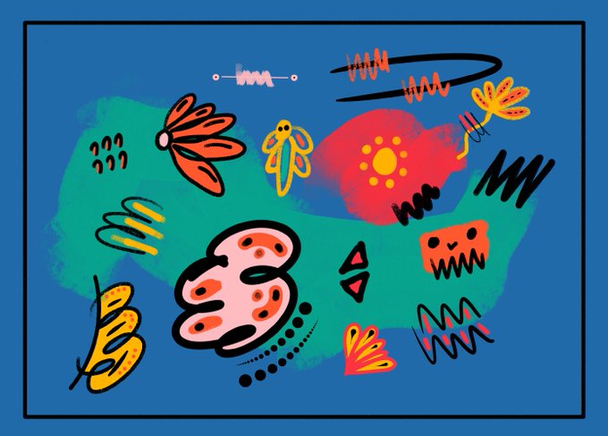 A colorful abstract illustration on a blue background with playful doodles including flowers, butterflies, squiggles, and an artist's palette.