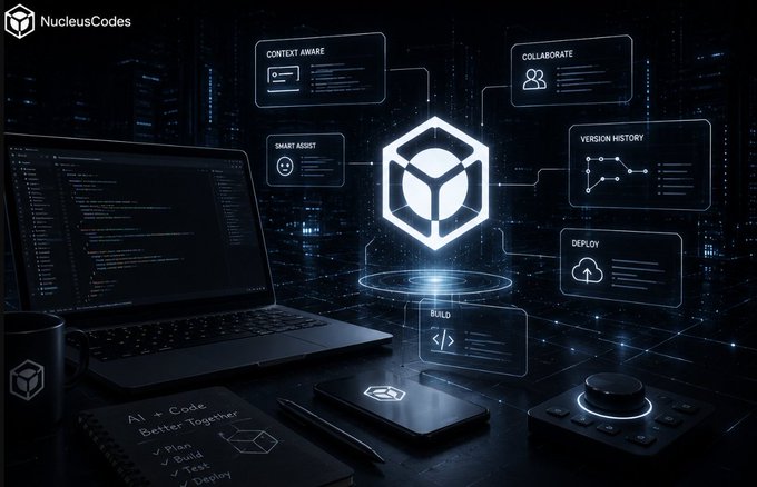 A stylized promotional graphic for 'NucleusCodes' showcasing a central glowing 3D cube logo connected by lines to feature panels like 'CONTEXT AWARE', 'SMART ASSIST', 'COLLABORATE', 'VERSION HISTORY', 'DEPLOY', and 'BUILD', set against a workspace background.