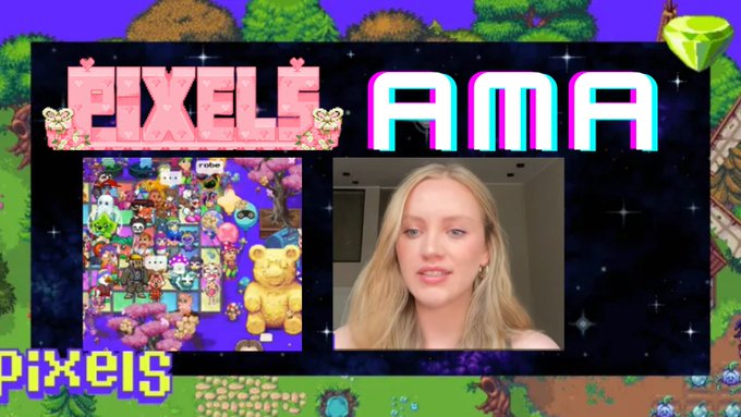 A 'PIXELS AMA' video thumbnail featuring a blonde woman speaking on the right and a colorful collage of Pixels game characters and assets on the left.
