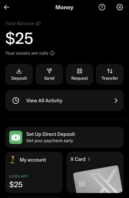A mobile banking app screen titled 'Money' showing a total balance of $25, with options for Deposit, Send, Request, and Transfer, along with features like 'Set Up Direct Deposit' and an 'X Card.'