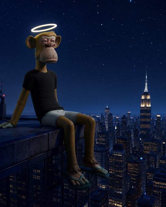 A 3D-rendered monkey character with a glowing halo sits on a rooftop ledge at night, with a city skyline including the Empire State Building in the background.