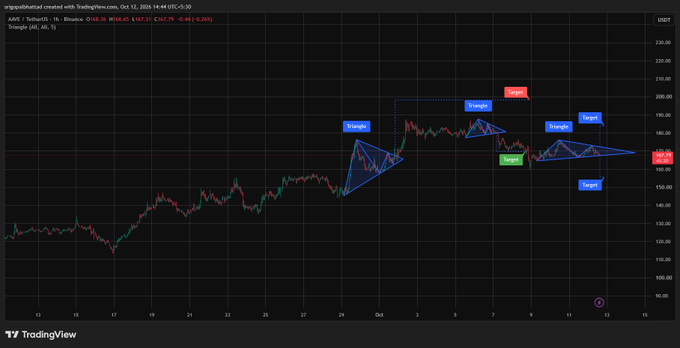 A TradingView chart of AAVE/USDT on Binance showing a 1H timeframe with multiple technical analysis annotations including blue Triangle patterns, red Target zones, and Support/Resistance levels, with the current price around 187.79.
