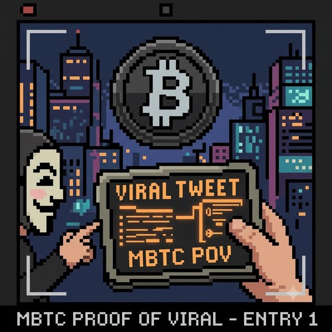 A pixel art illustration depicting a hooded figure holding a document labeled 'VIRAL TWEET' and 'MBTC POV' in front of a nighttime cityscape with a large Bitcoin symbol. Text at the bottom reads 'MBTC PROOF OF VIRAL - ENTRY 1'.