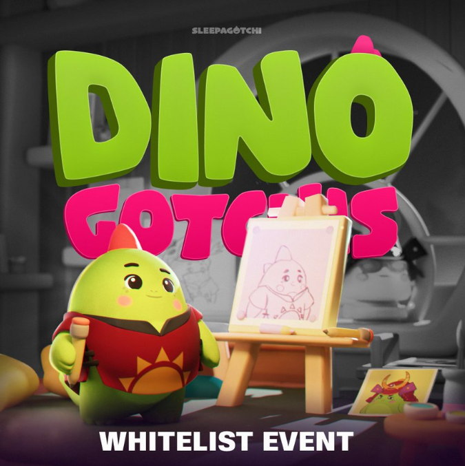 A promotional graphic for the "Sleepagotchi DINO GOTCHIS WHITELIST EVENT" featuring a green dinosaur character in a red apron standing next to an easel with a drawing.