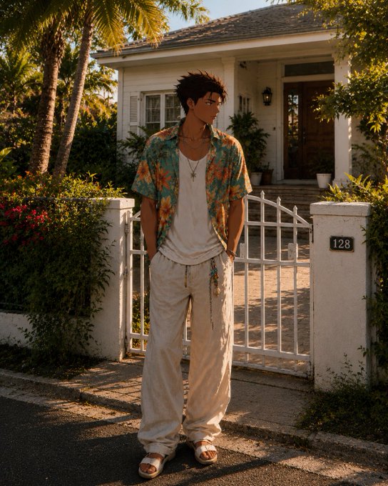 An anime-style illustration of a young man with dark hair wearing a floral shirt and white pants, standing outside a house with a white gate marked '128'.