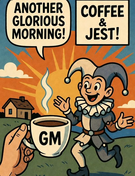 A comic-style illustration featuring a jester character saying 'ANOTHER GLORIOUS MORNING!' and 'COFFEE & JEST!' next to a hand holding a coffee cup labeled 'GM' against a sunrise background.