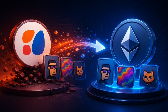 The image depicts a migration from the Forma blockchain (represented by the orange logo on the left) to Ethereum (represented by the blue Ethereum logo on the right), with NFTs—including CryptoPunks and cat-themed collectibles—transitioning between the two networks via a glowing arrow.

This visual illustrates the post's announcement that Forma NFTs and Modularium are moving to Ethereum mainnet following the shutdown of Forma's blockchain, ensuring the collectibles remain tradeable on platforms like OpenSea.