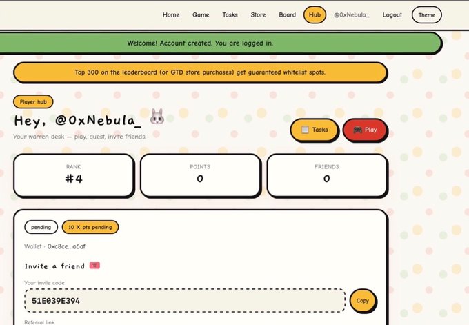 A screenshot of a web dashboard for 'GTD', showing a player hub for user '@0xNebula_' with stats like Rank #4, 0 Points, and an invite code '51E039E394'.