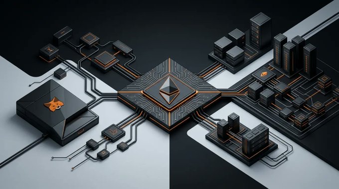 A 3D rendering of a black circuit board with glowing orange accents, featuring a central Ethereum logo chip connected to various components including one marked with a Metamask logo.