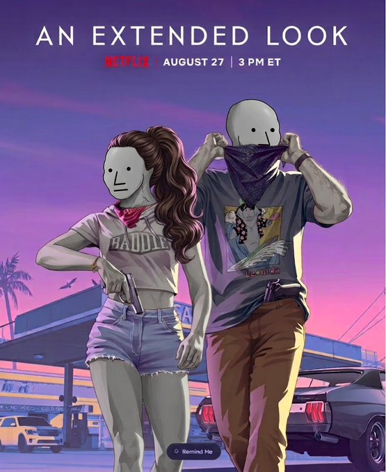 A graphic illustration for the Netflix series 'Squid Game' promotes 'AN EXTENDED LOOK' on August 27 at 3 PM ET, featuring characters wearing masks with bandanas at sunset.
