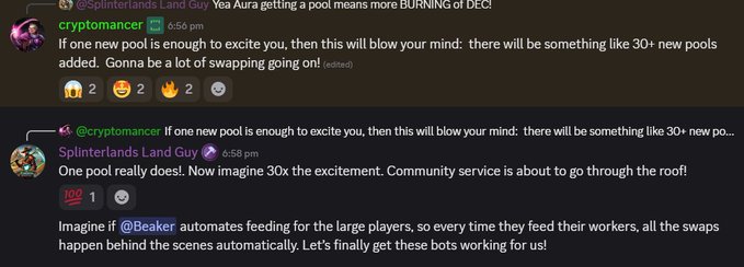 A Discord screenshot shows a message from 'cryptomancer' in the 'Splinterlands Land Guy' channel announcing '30+ new pools' coming, which is then repeated and commented on by 'Splinterlands Land Guy.'