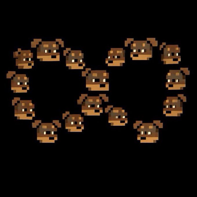 Pixel art image showing multiple small brown dog or bear-like character heads arranged in a circular pattern against a black background.