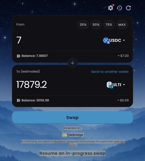 A cryptocurrency swap interface on Obsidian Swap shows converting 7 USDC (balance 7.18807) to an estimated 17,879.2 ULTI (balance 3,056.98), powered by deBridge, demonstrating the cross-chain bridge aggregator's capability to swap from USDC into ULTI without being directly on Cronos Network.