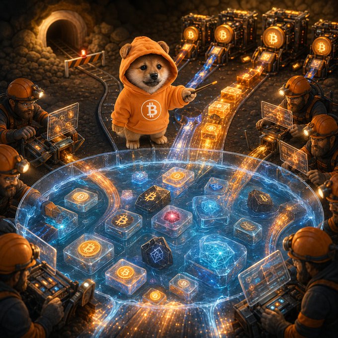 AI-generated illustration of a Shiba Inu dog in an orange Bitcoin hoodie directing miners in a glowing Bitcoin mining operation.