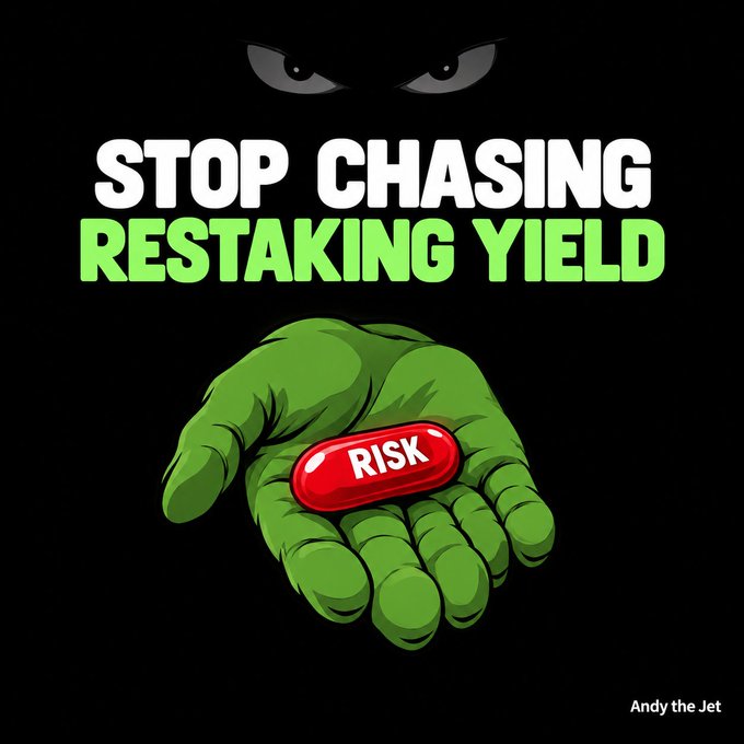 A black poster reads “STOP CHASING RESTAKING YIELD” above a green clawed hand holding a red button labeled “RISK,” with “Andy the Jet” in the lower-right corner.
