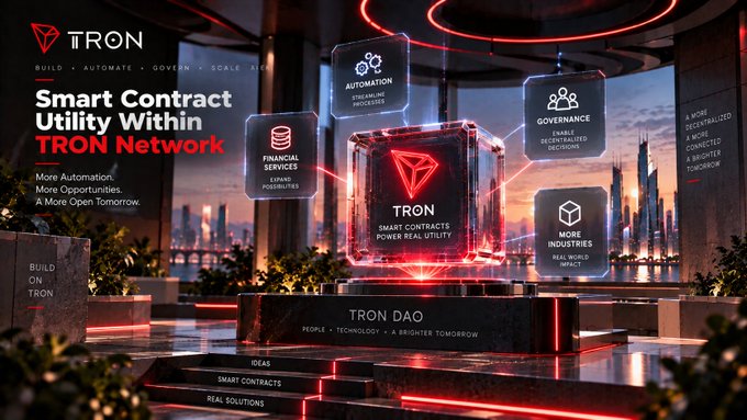 TRON Network promotional graphic showing 'Smart Contract Utility Within TRON Network' with sections for Automation, Governance, Financial Services, and More Industries, highlighting 'TRON DAO - PEOPLE • TECHNOLOGY • A BRIGHTER TOMORROW' with the tagline 'A More Open Tomorrow'.
