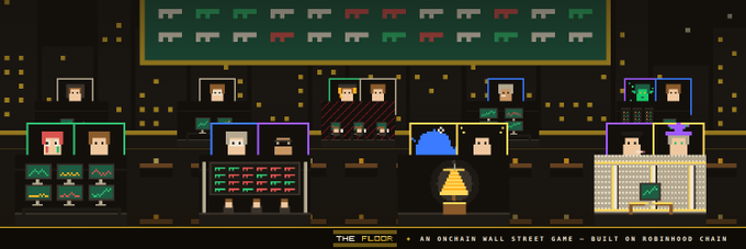 This pixel art depicts "The Floor," an onchain Wall Street game built on Robinhood Chain. The scene shows various avatars seemingly managing stock tickers, fitting the context of the post about distributing $HOODIE on Robinhood.
