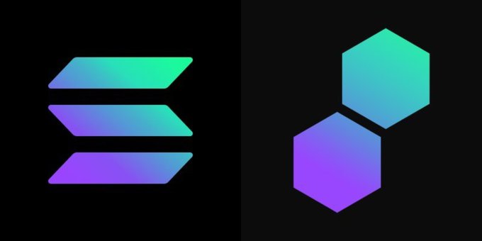 The image shows two digital logos on a black background: on the left, the stacked parallelogram logo for Solana, and on the right, two interlocking hexagons representing the Polygon (MATIC) blockchain.