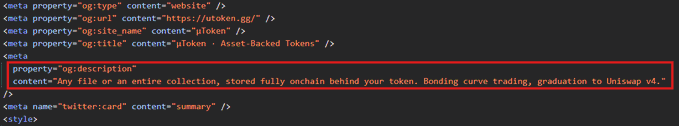 The image shows HTML metadata for the µToken website (utoken.gg), with the highlighted Open Graph description reading: "Any file or an entire collection, stored fully onchain behind your token. Bonding curve trading, graduation to Uniswap v3." This relates to the post introducing µToken as a new asset standard (ABT - Asset-Backed Tokens) for onchain storage and trading.