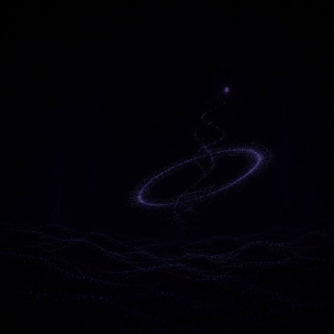 A glowing purple particle vortex swirls above a dark, wave-like particle surface, with a bright point of light at its peak—evoking the self-sustaining, cyclic flow described in the post about $AVENO's fee-driven buyback mechanism. The ethereal, ring-like formation visually mirrors the token's core principle of an automated, self-funding loop.
