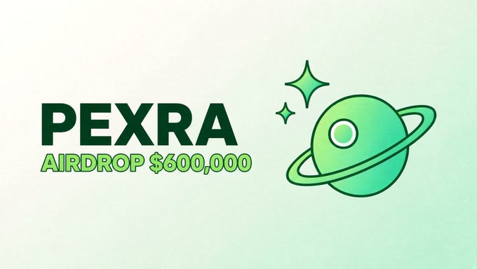 A promotional graphic features the bold text "PEXRA" and "AIRDROP $600,000" in dark and bright green, alongside an illustration of a green ringed planet with sparkles. The design visually supports an announcement of a $600,000 PEXRA token airdrop, with distribution scheduled for October 2nd ahead of an October 3rd exchange listing.