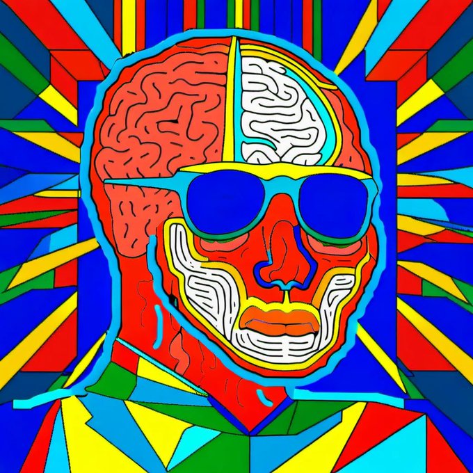A vibrant, psychedelic illustration of the Wojak meme character featuring an exposed brain, wearing sunglasses against a colorful radiating geometric background, perfectly matching the post's playful "$WOJAK weekend" reference by embodying the iconic meme figure.