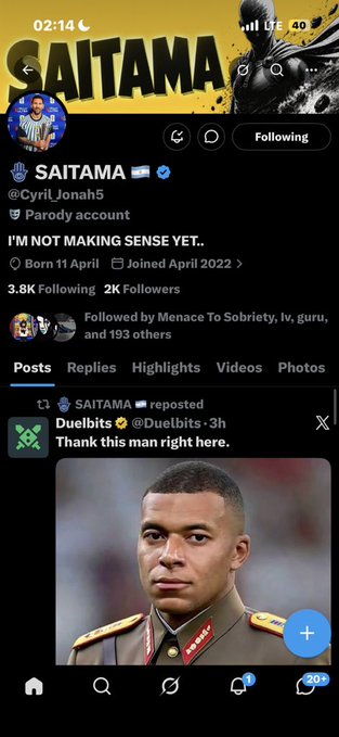 A screenshot of an X (Twitter) profile for 'SAITAMA' (@Cyril_Jonah5), a parody account with 3.8K followers, showing a reposted image of Kylian Mbappé in military attire from Duelbits.
