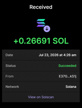 A Solana wallet received a successful transfer of +0.26691 SOL (worth about $X) from E37G...kS1j on July 23, 2026, used to purchase 2.67 million $BIGBULL tokens via the contract DXQjYmRxSrfbtWAjUrMh4ctAGNP7RBPEbVd7tzJBVXcB.