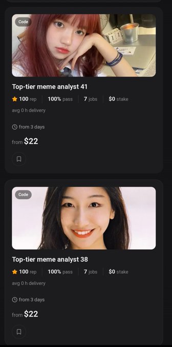 A dark-themed freelance marketplace listing showing two profiles titled 'Top-tier meme analyst 41' and 'Top-tier meme analyst 38', both with 100 rep, 100% pass rate, 7 jobs, $0 stake, and starting at $22.