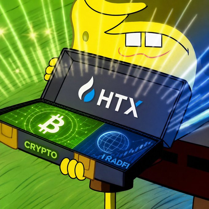 The image features a cartoon character holding an open laptop computer with the words "HTX" written on it, along with a Bitcoin symbol. The character appears to be smiling while holding the laptop. In the background of the image, there are two more symbols - one representing "crypto" and another representing " tradfi". These symbols are positioned above the character's head, suggesting that they are related to the content displayed on the laptop screen.