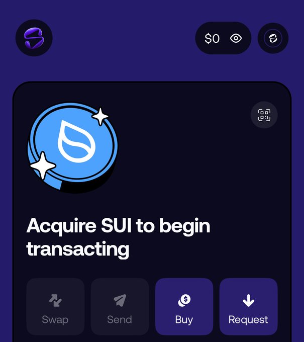 A mobile crypto wallet interface for Sui displaying a $0 balance, prompting the user to "Acquire SUI to begin transacting" with options to Swap, Send, Buy, or Request tokens—directly illustrating the "0 → 10,000 sui" challenge beginning from an empty wallet.