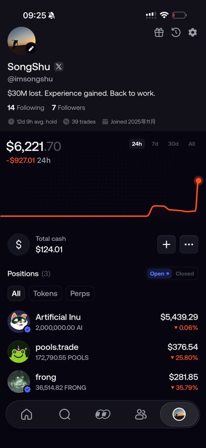 A mobile screenshot of a crypto portfolio app showing account 'SongShu @imsongshu' with the caption '$30M lost. Experience gained. Back to work.' and positions including Artificial Inu ($5,439.29), pools.trade ($376.54), and frong ($281.85).