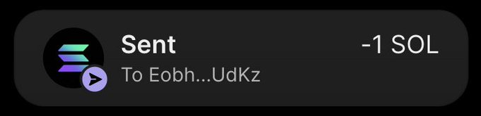 A digital transaction notification showing 'Sent' of '-1 SOL' to an address beginning with 'Eobh...UdKz' alongside the Solana logo.