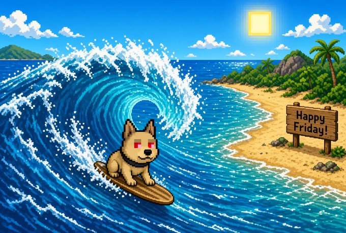 A pixel-art style illustration of a dog with red eyes surfing on a blue wave, with a tropical beach, palm trees, a sun, and a wooden sign reading 'Happy Friday!' in the background.