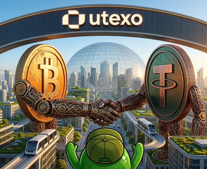 Digital illustration showing two ornate coin figures (Bitcoin and Tether) shaking hands under an arch labeled 'utexo', with a futuristic domed city in the background and a small green character watching below.