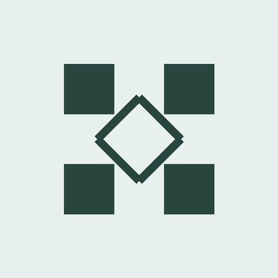 A minimalist geometric logo featuring four dark green squares arranged in a 2x2 grid with a diamond/rhombus shape in the center, all on a white background.