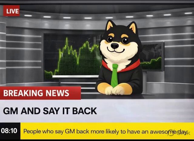 The image features a cartoon dog sitting at a news desk, wearing a tie and smiling. The text below the image reads "Breaking News GM and Say It Back" with a caption that includes a reference to a meme about Bitcoin.