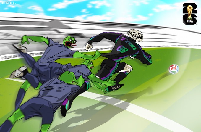 The image features a cartoon scene of two men running towards each other, with one man wearing a green shirt and the other wearing a black shirt. The background shows a soccer field with a ball visible near the center. The caption for the image reads "catch me if you can. $TROLL". This suggests that there is an element of humor or surprise in the scene, possibly related to the post about the FIFA 2006 World Cup.

The image also includes text elements such as "FIFA 2006" and "catch me if you can." These details provide context for the event being depicted in the cartoon.