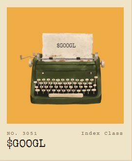 A green typewriter with a paper reading '$GOOGL' against an orange background, with the text 'NO. 3051', '$GOOGL', and 'Index Class' below.