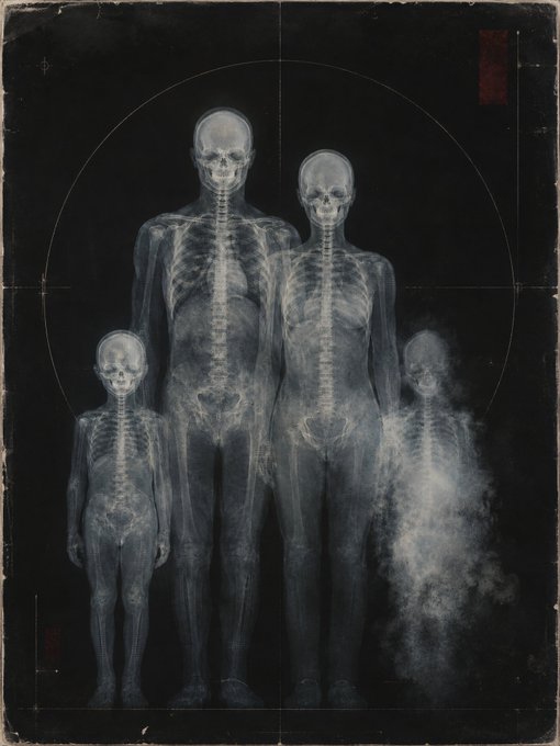 The image features a skeleton of a family, with three members standing close together against a black background. The skeleton includes two adults and one child, all depicted as white bones. The image also contains text that reads "GM Family". This suggests that the image is related to or inspired by the General Motors company's marketing strategy for their family branding efforts.