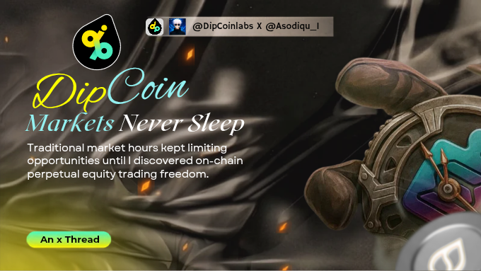 A promotional graphic for 'DipCoin' with the tagline 'Markets Never Sleep', describing traditional market limitations and on-chain perpetual equity trading, credited to @DipCoinlabs X @Asodiqu_l.